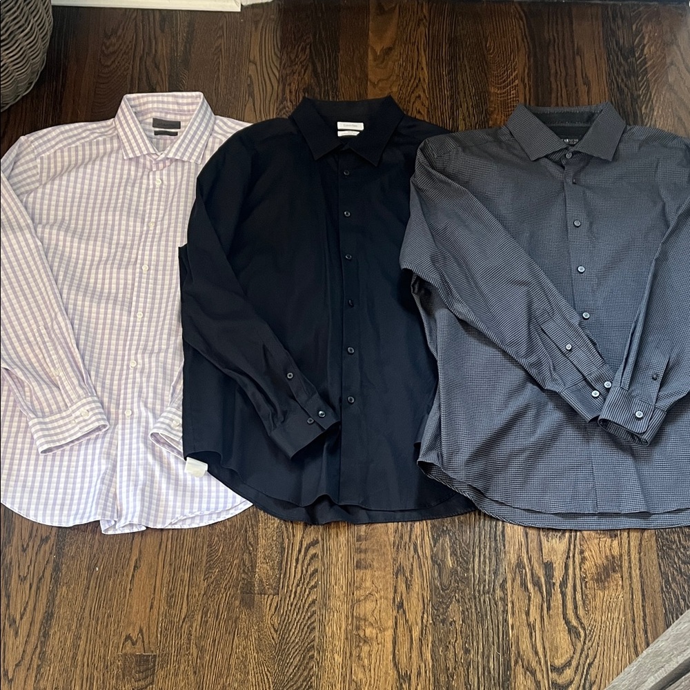 3 Men’s Calvin Klein Dress Shirts 18 34/35- Black, Gray Check and Purple/White